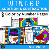Addition & Subtraction Worksheets || Winter Math Color by 