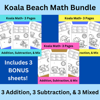 Preview of Addition, Subtraction, and Both Koala Theme Coloring Math Worksheets, 12 Pages