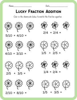 Preview of Addition, Subtraction, and Identification of fractions for St. Patrick's Day