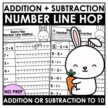 Preview of Number Line Addition + Subtraction Kindergarten Math Worksheets | Bunny Hop