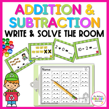 Preview of Addition & Subtraction to 10 - Earth Day Math Solve The Room Activity