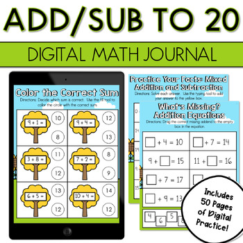 Preview of Addition Subtraction to 20 Digital Worksheets Math Journal for Google Slides
