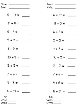 Addition Subtraction to 20 Fact Fluency Report Card Assessment | TPT