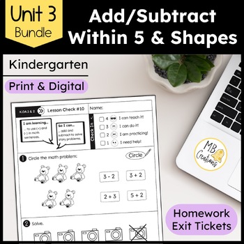 Preview of Kindergarten Addition & Subtraction to 5 & Shapes Worksheets -iReady Math Unit 3
