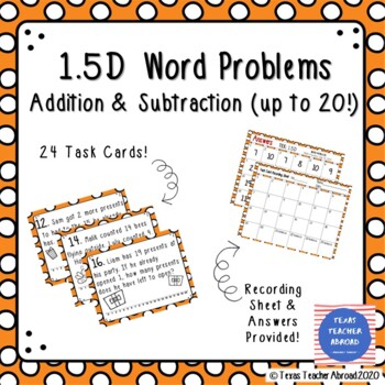 Preview of Math TEK 1.5D: Addition & Subtraction (up to 20) Word Problem Task Cards