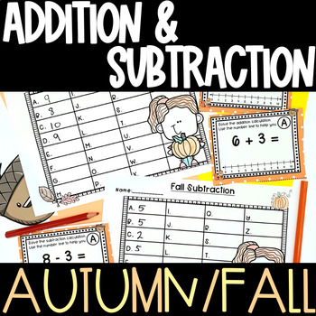 Preview of Autumn Fall Addition Subtraction with a Number Line Task Card Bundle