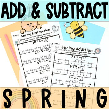 Preview of Spring Addition Subtraction with a Number Line Worksheet Bundle Kindergarten