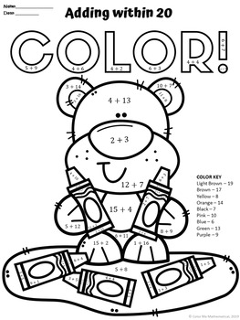 addition subtraction within 20 color by number worksheets 1st 2nd grade