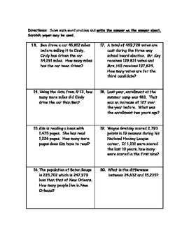 Addition + Subtraction Word Problems with regrouping Assessment 3rd-4th