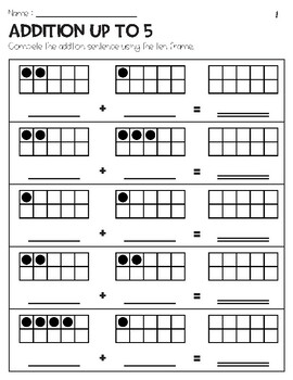 Addition Sums up to 5 with Ten Frame Pictures Worksheets - Free | TPT