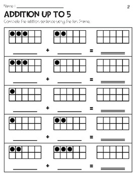 Addition Sums up to 5 with Ten Frame Pictures Worksheets - Free | TPT