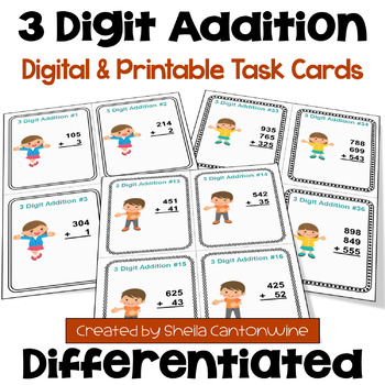 Preview of 3 Digit Addition Task Cards - Differentiated