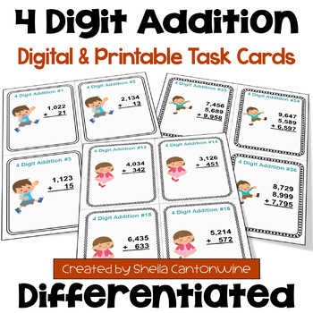 Preview of 4 Digit Addition Task Cards - Differentiated