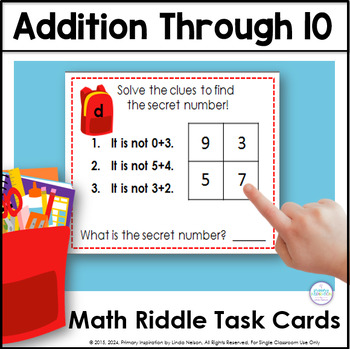 Preview of Adding Within 10 Math Riddle Task Cards - Addition Fact Fluency - BTS Math
