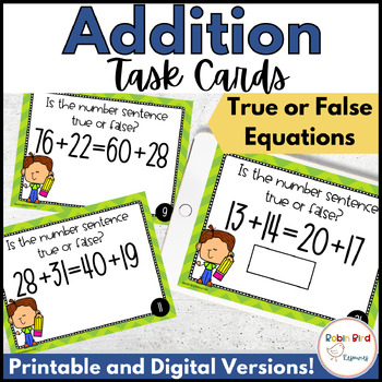 Preview of Addition Task Cards Math Centers - Addition Equations True or False
