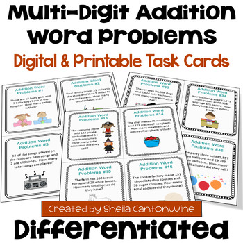 Preview of Multi-Digit Addition Word Problems Task Cards - Differentiated
