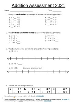 Preview of Addition Test Assessment ACARA Year 2 Australia