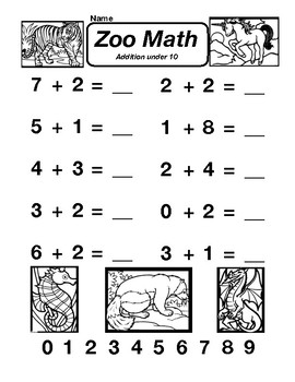 Addition Under 10 Math Zoo Worksheet by Pointer Education | TpT