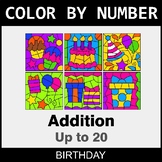 Addition Up to 20 - Color By Number / Coloring Pages - Birthday