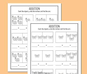 Preview of Addition With Pictures Add to 5 Spring Math Worksheets Number 1-5 Simple Sum