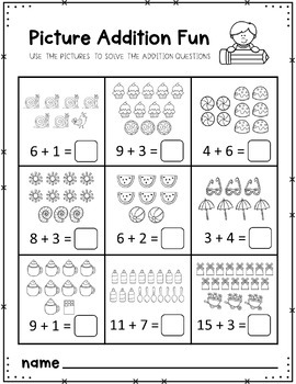 simple addition to 20 with pictures Kindergarten by The Blue Sky