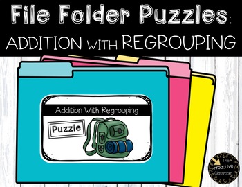 Preview of Double Digit Addition With Regrouping Game Camping File Folder Puzzles