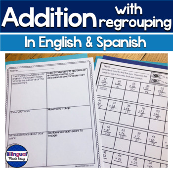 Preview of Addition With Regrouping Word Problems Worksheets in English &Spanish