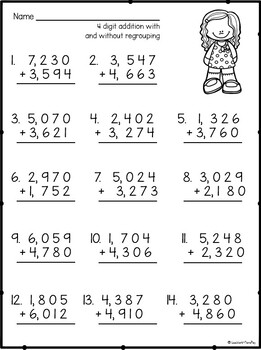 addition with and without regrouping worksheets 4 digits tpt