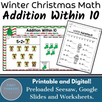 Preview of Addition Within 10 Christmas Math Worksheets Google Slide Seesaw PowerPoint