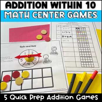 Preview of Addition Within 10 Math Games & Center Activities for Fluency Within 12 w/ Dice