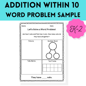 Preview of Addition Within 10 Word Problem Worksheet For K, 1st, 2nd