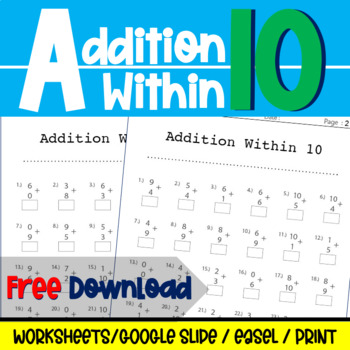 Preview of Math Facts Fluency Timed Tests | Addition Within 10 Worksheet - Freebie