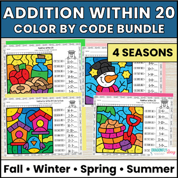 Preview of Addition Within 20 Color by Code Bundle | Fall Winter Spring Summer Math