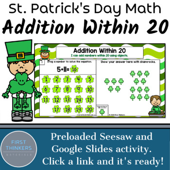 Preview of Addition Within 20 Digital St Patricks Day Math Games Google Slides Seesaw Free