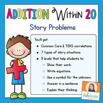 Preview of Addition Within 20 Word Problems | Distance Learning | Digital and Printable