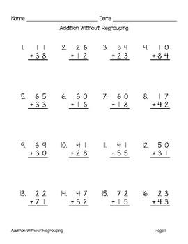 double digit addition without regrouping worksheet packet tpt