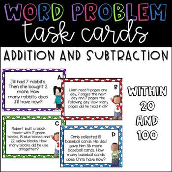 Preview of Addition and Subtraction Word Problems Task Cards:  Within 20 and 100