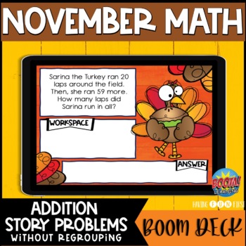 Preview of Addition Word Problems 2 Digit | Digital Math Center | NOVEMBER | Boom Cards
