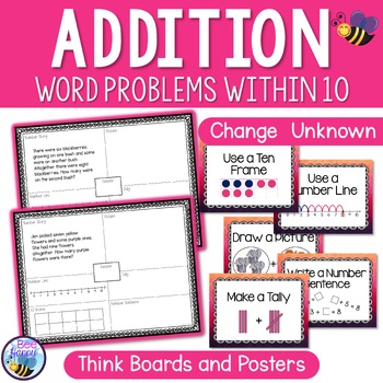 Preview of Addition Word Problems Change Unknown Think Boards and Posters Sums Within 10