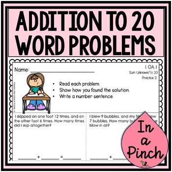 Preview of Addition Word Problems to 20, Story Problems with Unknown in All Positions