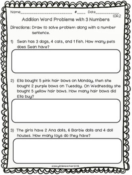 Addition Word Problems with 3 Numbers by Sassy Little Teacher | TpT