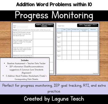 Preview of Addition Word Problems within 10: Progress Monitoring, RTI, IEP Goal