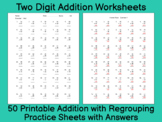 Addition Worksheet.  50 Double Digit Addition with Regroup