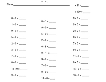 Preview of Addition Worksheet - Adding 0