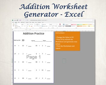 Preview of Addition Worksheet Generator for Teachers and Parents - Customizable