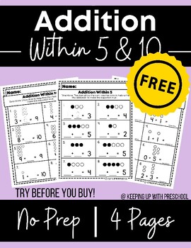 Preview of Addition Worksheet | Kindergarten Math | Adding within 5 and 10 | FREEBIE