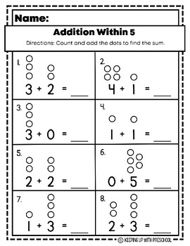 Addition Worksheet | Kindergarten Math | Adding within 5 and 10 | FREEBIE
