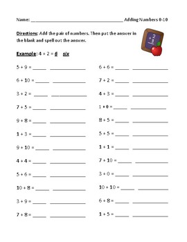 Preview of Addition: Using Numbers Zero to Twenty (0-20) Worksheet or Test with Answer Key