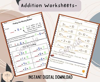 Preview of Addition Worksheets/ Find missing addends/ Make 10/ Make 20/Add several numbers