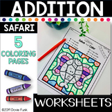 Addition Worksheets Math Solve and Color Safari Animals